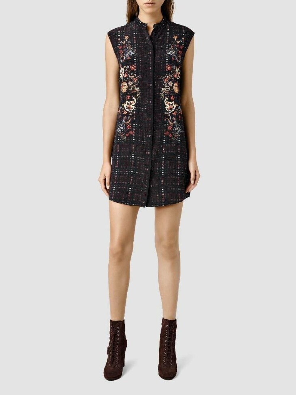 [New] All Saints (8) Black Silk Luna Saloon Sleeveless Button Front Mini Dress